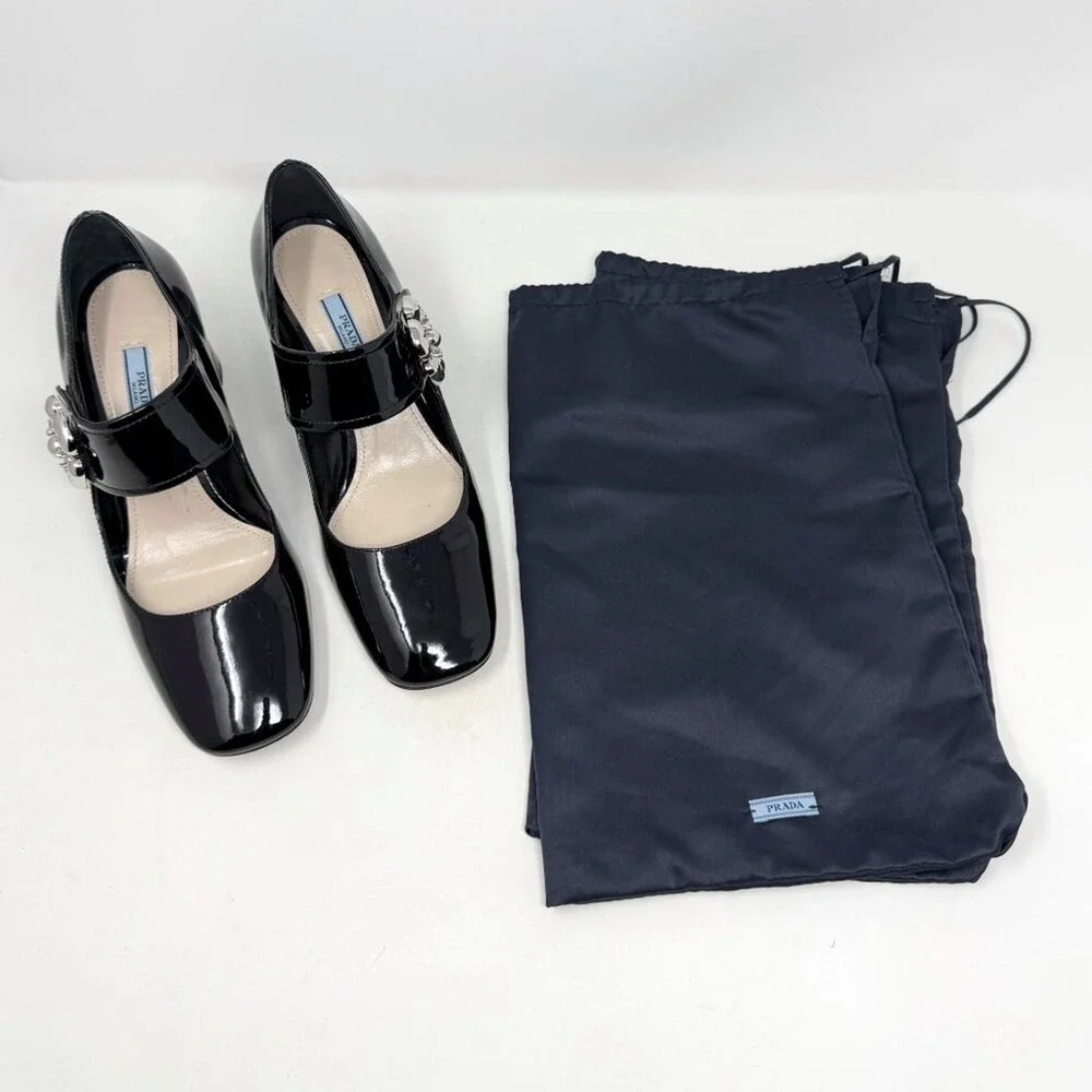 Prada Black Patent Mary Jane‎ Heels Silver Buckle Block Pumps 38.5